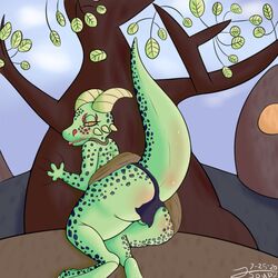 2020 anthro argonian ass bethesda_softworks big_butt blush bottomwear clothing digital_media_(artwork) female green_body green_skin lizard loincloth looking_at_viewer lying markings naughty_face on_side outside pinup pose presenting presenting_hindquarters raised_tail reptile scales scalie skirt solo the_elder_scrolls thick_thighs toony tree tsoup video_games