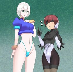 2girls aile android bare_legs blindfold blue_eyes brown_hair capcom clothes_swap clothing_swap costume_switch crossover female female_only inti_creates leotard mega_man mega_man_zx multiple_girls nier nier:_automata no_pants panties petite reploid robot robot_girl short_hair size_difference small_breasts square_enix thick_thighs thong ukimukai white_hair yorha_2b yorha_2b_(cosplay)