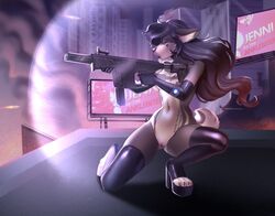 1girls action_scene anthro anutka areolae black_hair breasts canid canine canis casual casual_exposure casual_nudity city clothed clothing digital_media_(artwork) domestic_dog energy_shield erect_nipples female female_only fingers firearm fur genitals gloves gun hair handwear holding_gun holding_object holding_weapon jenni_(jennibutt) latex_clothing latex_gloves legwear mammal nipples nude pomeranian pose pussy ranged_weapon rifle small_breasts solo spitz suppressor text thick_thighs thigh_highs tight_clothing topwear urban weapon