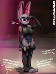 anthro anthrofied bigumbuttis blush clothing disney embarrassed exhibitionism furry gray_fur judy_hopps large_breasts leotard police police_uniform purple_eyes rabbit rabbit_ears rabbit_humanoid rabbit_tail salute skimpy skimpy_clothes spicypepper stockings thick thick_thighs thigh_boots thigh_highs thighhighs thighs tight_clothing tight_fit zootopia