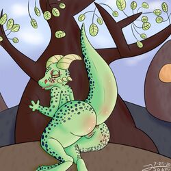 2020 anthro anus argonian ass bethesda_softworks big_butt blush clitoris digital_media_(artwork) female genitals green_body green_skin lizard looking_at_viewer lying markings naughty_face nude on_side outside pinup pose presenting presenting_hindquarters pussy raised_tail reptile scales scalie solo the_elder_scrolls thick_thighs toony tree tsoup video_games