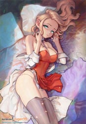 1girls bed big_breasts black_thighhighs blonde_hair blue_eyes dress earrings female labcoat long_hair nintendo oleana_(pokemon) on_bed panties patreon_username pillow pokemon pokemon_ss text thighhighs thighs yugen99