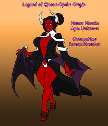 black_dress black_sclera breasts brown_background claws curved_horns demon demon_ears demon_eyes demon_wings devil dress erect_nipples_under_clothes evil_eyes eyeshadow fangs female folded_ponytail front_view full_body full_cleavage gradient_background heels highleg_panties horns legend_of_queen_opala membranous_wings model_sheet naacia open_toe_shoes pointy_ears purple_wings red_body red_skin skimpy solo sparrow_(artist) spiked_wings succubus walking white_horns white_panties wide_sleeves wing_spikes wings