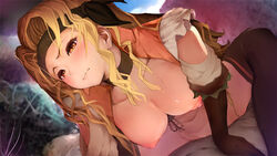 alternate_costume black_legwear blonde_hair blush breasts breasts_out brigid_(fire_emblem) brigid_(pirate)_(fire_emblem) choker closed_mouth clothed_sex commission cowgirl_position elbow_gloves female fire_emblem fire_emblem:_genealogy_of_the_holy_war fire_emblem_heroes gloves headband leaning_forward long_hair medium_breasts nipples nyc orange_eyes pirate pov sex solo_focus spread_legs straddling straight sweat sweatdrop thighhighs wavy_hair