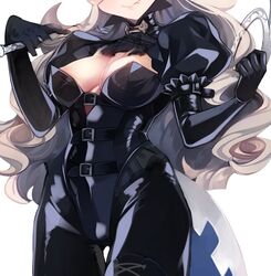 ass_visible_through_thighs blush bondage bondage boots bound breasts collar commentary_request corrin_(fire_emblem) corrin_(fire_emblem)_(female) corset cross-laced_footwear dominatrix elbow_gloves fang_out female fire_emblem fire_emblem_fates gloves hairband highleg lace-up_boots large_breasts latex latex_gloves leather long_hair looking_at_viewer manakete negiwo oerba_yun_fang pointy_ears red_eyes simple_background skin_tight sleeve_garters smile solo thigh_boots thigh_gap thighhighs