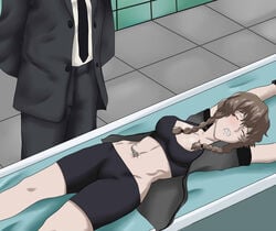 abs agent_smith amane_suzuha arms_up bondage brown_hair bug_(the_matrix) green_eyes kas-min lying lying_on_back male navel navel_penetration open_shirt peril probe restrained short_hair shorts simple_background spats sports_bra steins;gate suit suit_jacket the_matrix twin_braids