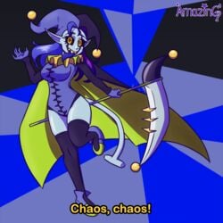 clown_collar deltarune deltarune_chapter_1 insane jester jester_cap jester_costume jevil_(deltarune) rule_63 scythe two_tone_hair yellow_eyes