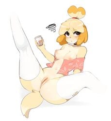 2020 animal_crossing anthro beverage blush bottomless breasts canid canine canis clitoris clothed clothing digital_media_(artwork) domestic_dog female female_focus fredek666 fur furry furry_only genitals hand_on_leg hand_on_thigh hi_res inverted_nipples isabelle_(animal_crossing) legwear looking_away lying mammal navel nintendo nipples on_back open_shirt partially_clothed presenting presenting_pussy pussy shih_tzu shirt simple_background solo solo_female solo_focus spread_legs spreading tail topwear toy_dog unbuttoned_shirt video_games white_background white_thigh_highs