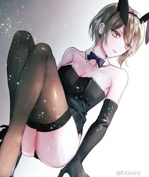 bunny_ears bunnysuit calm danganronpa danganronpa_v3 gloves gray_hair green_eyes kxxxaiy looking_at_viewer medium_breasts new_danganronpa_v3 straight_hair toujou_kirumi