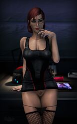 1girls 3d ass bare_shoulders bioware black_nails bottomless breasts busty cleavage clitoral_hood clitoris commander_shepard desk dress dress_lift erect_nipples eyeshadow female female_focus female_only femshep fishnet fishnet_stockings fishnets fit fit_female freckles g-string green_eyes hourglass_figure human human_only lipstick makeup mascara mass_effect medium_breasts nail_polish nipple_bulge pinup pose posing pubic_hair pussy red_hair red_lipstick screen seductive seductive_eyes seductive_look seductive_smile skimpy skimpy_clothes skimpy_dress skin_tight solo standing stockings thong thong_aside vagina wide_hips wildynsfw