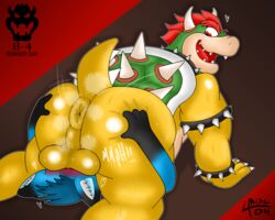 absurd_res anthro anus armband ass ball_smother balls black_body black_fur blue_body blue_fur blue_hair blush bodily_fluids bowser bowser_day bracelet butt_grab canid canine collar duo facesitting fox fur genitals green_body green_scales hair hand_on_butt heart hi_res horn jewelry koopa male male/male mammal mario_(series) miscellanea miscellanea404 musk nintendo orange_body orange_scales red_eyes red_hair scales scalie shell simple_background smothering spiked_armband spiked_bracelet spiked_collar spiked_shell spikes spikes_(anatomy) sweat sweaty_balls teeth video_games