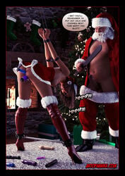 ankle_cuffs arms_behind_back ball_gag bent_over bondage breasts christmas christmas_hat christmas_lights christmas_outfit christmas_present christmas_tree cuffs dildo double_insertion duo female femsub fire_place gag hawke_(artist) high_heel_boots imminent_rape male maledom muffled muffled_moaning nipple_piercing nipple_weights nipples paddle penis piercing_pendant piercing_weights punishment santa_claus sex_toy short_hair skirt_lift spreader_bar standing straight strappado thigh_boots thighhighs toy_selection wet_pussy