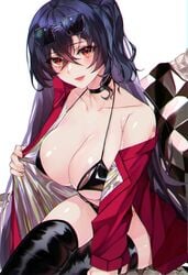 1girls azur_lane bikini black_hair checkered_flag eyewear fage female female_only flag garter light-skinned_female light_skin megane open_shirt race_queen sakura_empire_(azur_lane) solo swimsuits taihou_(azur_lane) taihou_(enraptured_companion)_(azur_lane) thighhighs