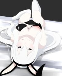 1girls albino areolae bare_shoulders big_breasts black_eyes breasts bunny_ears bunny_girl bunnysuit echidna_(re:zero) female fringe gear_art hair_between_eyes highres licking_lips long_hair looking_at_viewer nipples on_back one_breast_out pale-skinned_female petite pov purple_eyes re:zero_kara_hajimeru_isekai_seikatsu seductive seductive_look smile smug solo_female teenager tongue_out upside-down white_eyelashes white_hair white_legwear white_skin witch