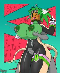 1boy 1girls 2019 abstract_background anon anthro areolae blaster_master blaster_master_zero blaster_master_zero_2 bodysuit breasts breasts_out clothed_female_nude_male clothing eyelashes from_behind green_skin holding_breast human_on_plantie kanna_(blaster_master) lactating lactation large_areolae mob_face nipples noiverus one_eye_closed penis plant plant_girl plantie thick_thighs thigh_sex tongue_out unusual_lactation v