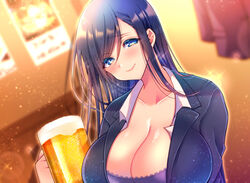 1girls aizawa_chihiro beer blue_eyes blue_hair blush cleavage dress female female_only huge_breasts indoor long_hair looking_at_viewer original original_character smiling solo