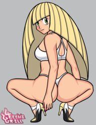 1girls ass big_ass blonde_hair ecchigrill eye_contact female green_eyes looking_at_viewer looking_back lusamine_(pokemon) mature_female milf mother nintendo pale-skinned_female pale_skin panties pokemon pokemon_sm squatting