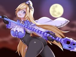 1girls 505_games ass blonde_hair bloodstained:_curse_of_the_moon_2 bloodstained:_ritual_of_the_night blue_eyes bodysuit clothed coat cougar1404 dat_ass dominique_baldwin_(bloodstained) female_only full_moon glasses hat inti_creates large_breasts long_hair moon nun outside smile spear weapon