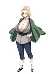 blonde_hair blush brown_eyes cleavage curvy female female_only haori huge_breasts japanese_clothes long_hair looking_at_viewer mature milf naruto naruto_shippuden smiling solo tattoo tawashi1623 thick_thighs tsunade