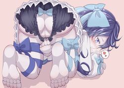 all_fours ass ass_cutout barefoot black_hair black_panties blue_eyes blush bow doll doll_joints dress dress_lift feet female frilled_panties frills from_behind hairbow heart highres joints leg_ribbon legs little_witch_nobeta long_hair looking_back pale_skin panties panty_pull pink_background presenting pulled_by_self puppet pussy ribbon simple_background soles solo spoken_heart tania_(little_witch_nobeta) thigh_ribbon thighs toes tokiha_(ruinluin) underwear white_dress