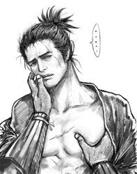 1boy bara breast_grab fromsoftware gay grabbing_pec grabbing_pecs groping groping_pecs looking_at_viewer pec_grab pec_grasp pec_grope pecs pov scars sekiro sekiro:_shadows_die_twice yaoi