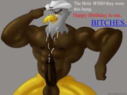 4th_of_july accipitrid accipitriform anthro avian bald_eagle balls beak bird bodily_fluids clothing cowboy_hat cum cum_on_beak cum_on_chest cum_on_penis digital_media_(artwork) eagle erection feathers genital_fluids genitals hat headgear headwear hi_res humanoid_genitalia humanoid_penis klr-rio looking_at_viewer male male_only mammal muscular muscular_anthro muscular_male nipples nude penis sea_eagle simple_background solo