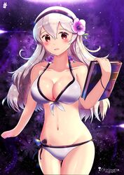 alternate_costume artist_logo artist_name ass_visible_through_thighs bad_id bad_pixiv_id bikini blush book breasts chinchongcha cleavage collarbone corrin_(fire_emblem) corrin_(fire_emblem)_(female) corrin_(summer)_(fire_emblem)_(female) cowboy_shot female female_protagonist fire_emblem fire_emblem_fates fire_emblem_heroes floral_background flower groin hair_between_eyes hair_flower hair_ornament hairband highres light_particles long_hair looking_at_viewer medium_breasts midriff navel open_mouth purple_background red_eyes silver_hair smile solo swimsuit thigh_gap thighs wet white_bikini wristband