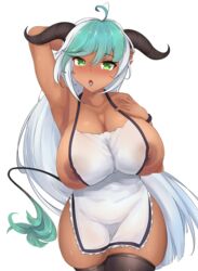 ahoge apron apron_only armpits arms_up breasts curvy dark-skinned_female dark_nipples dark_skin demon demon_girl female female_focus female_only green_eyes heart-shaped_pupils huge_ass huge_breasts large_breasts large_nipples lips long_hair looking_at_viewer multicolored_hair original_character solo soveno symbol-shaped_pupils symbol_shaped_pupils tail thick_legs thick_thighs white_hair