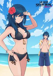 1boy 1girls armpits bare_legs beach bikini black_bikini black_swimsuit blue_eyes blue_hair byleth_(fire_emblem) byleth_(fire_emblem)_(female) byleth_(fire_emblem)_(male) byleth_(summer)_(fire_emblem)_(female) female fire_emblem fire_emblem:_three_houses fire_emblem_heroes flower flower_in_hair megumo midriff nintendo sea seaside sideboob sky swimsuit