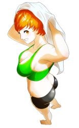 1girls ass ass_cleavage big_ass black_shorts blush breasts brown_eyes brown_hair butt_crack female female_only green_topwear gym_uniform looking_at_viewer medium_breasts neucia persona persona_4 satonaka_chie short_hair shorts smile solo solo_female tomboy topwear towel transparent_background