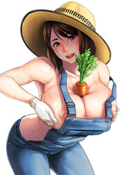 1girls areolae bangs bare_shoulders between_breasts blue_eyes blush breast_squeeze breasts brown_hair carrot carrot_paizuri erect_nipples farmer farmgirl female female_only female_solo gloves hat high_resolution huge_breasts large_breasts leaning_forward looking_at_viewer mature mature_female milf naked_overalls naughty_face nipples open_mouth original overalls plain_background presenting presenting_breasts rokko seductive_smile shiny shiny_skin short_hair sideboob simple_background smile solo straw_hat suggestive sweat sweaty_breasts white_background white_gloves wide_hips