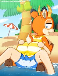 all_fours animal_crossing antelope anthro ass balls beach beach_umbrella beau_(animal_crossing) bodily_fluids bovid bulge butt_grab clothing cloud duo erection erection_under_clothing forest gazelle genitals hand_on_butt hi_res hiddenrynk hooves hug human human_on_anthro island looking_back lying male male/male mammal nervous nintendo on_back palm_tree raised_tail sand sea seaside shadow shocked sweat swimwear tenting tight_clothing tree video_games villager_(animal_crossing) water