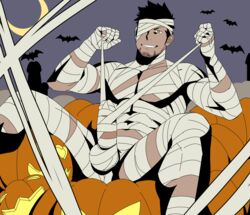 1boy bandages bara beard black_hair chest erection facial_hair flat_color green_eyes gyee halloween halloween_costume itto_(mentaiko) male male_focus male_only manly muscle pectorals penis priapus priapus_(gyee) pumpkin red_pupils solo testicles upper_body