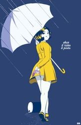 1girls blue_background compression_artifacts condom dress female jlullaby looking_at_viewer looking_back morton_salt morton_salt_girl rain salt solo_female tongue tongue_out umbrella white_skin yellow_dress