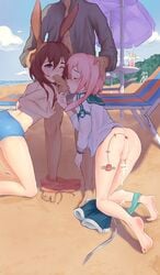 1girls 2boys amiya_(arknights) anal anal_insertion animal_ears ansel_(arknights) anus areolae arknights ball_lick balls barefoot beach bisexual bisexual_fellatio bisexual_male blowjob blue_eyes blush both_sexes_in_same_situation bottomless breasts brown_hair bunny_ears censored closed_eyes cock-tail collaborative_fellatio cum ejaculation erection feet female femboy girly hand_on_head human human_only kneeling licking light-skinned_female light-skinned_femboy light-skinned_male light_skin male multiple_boys nipples one_eye_closed oral panties penis pink_hair rexfaxsex sissygasm soles threesome toes tongue tongue_out topless vibrator yaoi