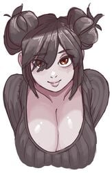 1girls analiss_oc athorment_oc big_breasts black_hair blush breasts clariarikari cleavage clothing female hairbun hairbuns long_hair looking_at_viewer presenting presenting_breasts selene_(analiss) shirt smile sweater