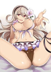 :d ass bikini breasts breasts_out cameltoe cleavage corrin_(fire_emblem) corrin_(fire_emblem)_(female) corrin_(summer)_(fire_emblem)_(female) female female_protagonist fire_emblem fire_emblem_fates fire_emblem_heroes flower grey_hair hair_flower hair_ornament hairband kaorihero large_breasts long_hair looking_at_viewer lying navel nipples on_back open_mouth pointy_ears red_eyes smile solo spread_legs swimsuit teeth