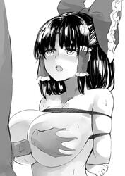 1boy 1girls alternate_breast_size bangs big_breasts blush bondage bound bound_arms bound_wrists bow breast_grab breasts deetamu female frills grabbing greyscale hair_tubes heart heart-shaped_pupils highres large_breasts looking_up monochrome open_mouth paizuri penis reimu_hakurei rope straight symbol-shaped_pupils touhou