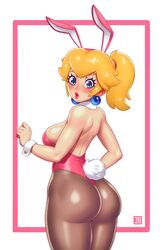 1girls animal_ears ass ass_focus bad_id bad_twitter_id bare_shoulders big_ass big_breasts big_butt big_lips blonde_hair blue_eyes blush breast breasts bunny_ears bunny_girl bunny_tail bunnysuit busty butt_focus confused dat_ass earrings eye_contact fake_animal_ears fake_tail female female_focus female_only huge_ass huge_breasts leotard lipstick long_hair looking_at_viewer looking_back mario_(series) mature_female nintendo oblivious pale-skinned_female pale_skin pantyhose pink_leotard ponytail princess_peach rizdraws sideboob simple_background solo solo_female solo_focus standing strapless strapless_leotard tail thick_ass thick_thighs thighs tied_hair wrist_cuffs year_request