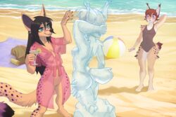 anthro ball beach beverage blush breasts cameltoe canid canine clothing deymos duo felid feline female genitals hand_behind_head holding_glass holding_object hybrid ice_sculpture iskra kordi lynx mammal nipples pussy sand sea seaside smile spots swimwear translucent translucent_clothing water