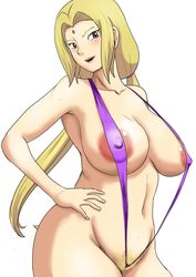 areola_slip areolae between_labia blonde_hair breasts brown_eyes cleavage collarbone colored_pubic_hair curvy facial_mark female female_only forehead_mark groin hand_on_hip highres huge_breasts innie_pussy long_hair looking_at_viewer naruto naruto_(series) navel open_mouth plump pubic_hair puffy_areolae sling_bikini smile solo swimsuit tof tsunade twintails