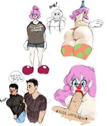 blowjob clown clown_girl clown_makeup clown_nose concept_art english_text fellatio implied_transformation lemonfont nickels_(lemonfont) text