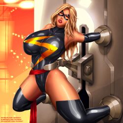 1girls arms_behind_back black_boots blonde_hair bondage cameltoe carol_danvers erect_nipples legs_apart legs_held_open marvel marvel_comics ms._marvel ms._marvel_(carol_danvers) nipple_bulge pokies skin_tight superheroine svoidist thick_thighs