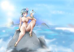 armwear asada_shino beach blue_eyes blue_hair blue_pubic_hair blush clothes_removed drink flatpancakes flower_in_hair hair_between_eyes hairclip legs_apart looking_at_viewer nail_polish navel nipples nude_female pubic_hair pussy pussy_juice sandals seaside sinon sword_art_online vagina water