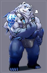 2020 absurd_res anthro belly bulge clothing fur genital_outline hi_res humanoid_hands league_of_legends male mammal orangetaming overweight overweight_anthro overweight_male penis_outline polar_bear riot_games simple_background solo underwear ursid ursine video_games volibear white_body white_fur