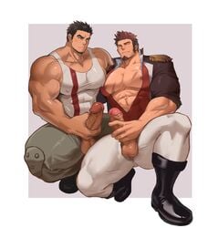 2boys abs absurdres akihiro_altland bara black_hair blush brown_hair chest covered_abs covered_nipples crossover dark_skin epaulettes erection facial_hair fate/grand_order fate_(series) fringe_trim goatee gundam highres jacket large_penis male male_focus male_masturbation male_only manly masturbation military military_uniform multiple_boys muscles muscular muscular_male napoleon_bonaparte_(fate) nipples open_clothes open_jacket pants pectoral_docking pectorals penis shirtless sideburns smile squatting tank_top testicles thick_thighs thighs tight unbuttoned uncensored uniform white_pants xianyusamuel yaoi