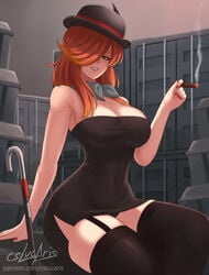 1girls bangs belly_button big_breasts black_legwear bowler_hat cigar cslucaris genderswap genderswap_(mtf) ginger hair_over_one_eye mature_female nail_polish red_hair red_nails roman_torchwick rule_63 rwby short_dress smirk thighhighs upskirt