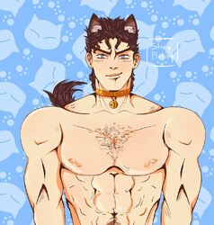 1boy abs black_hair chest_hair collar furry jojo's_bizarre_adventure jotaro_kujo male_only muscular muscular_male solo solo_focus stardust_crusaders starqplatinq wolf