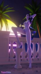 3d blizzard_entertainment breasts breasts_out closed_eyes feet female leg_up night nipples nude nude_female one_leg_up overwatch palm_tree palm_trees pleasure_face pussy sea sunset synthwave toes triggerdelay vaporwave widowmaker