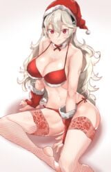 breasts christmas cleavage closed_mouth corrin_(fire_emblem) corrin_(fire_emblem)_(female) female female_protagonist fire_emblem fire_emblem_fates fur_trim gloves h.pn hairband hat highres large_breasts long_hair platinum_blonde_hair pointy_ears pom_pom_(clothes) red_eyes red_headwear santa_hat simple_background sitting solo